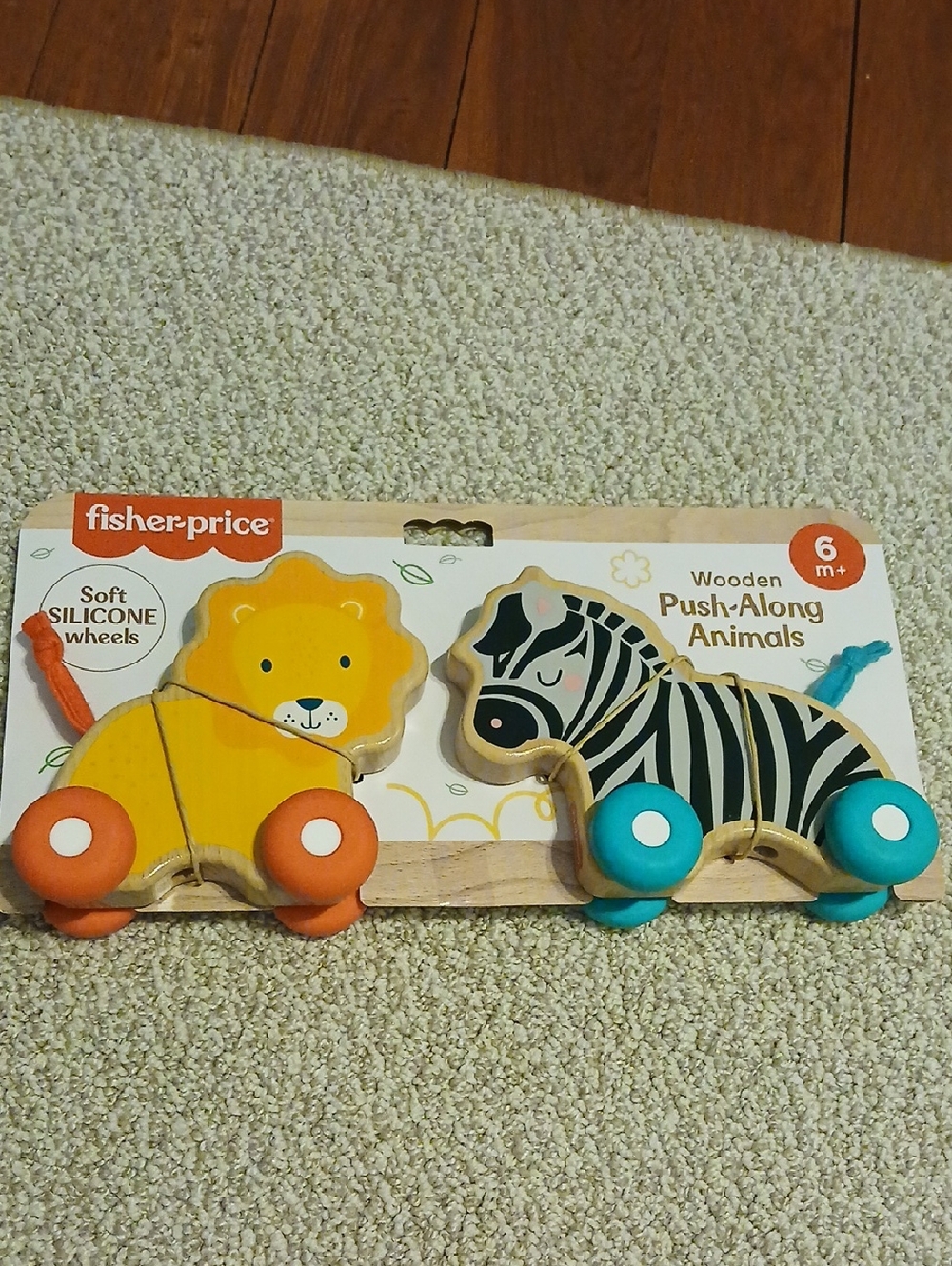 Fisher-Price Yellow Lion and Black-and-White Zebra Wooden Push-Along Set 6m+ NEW